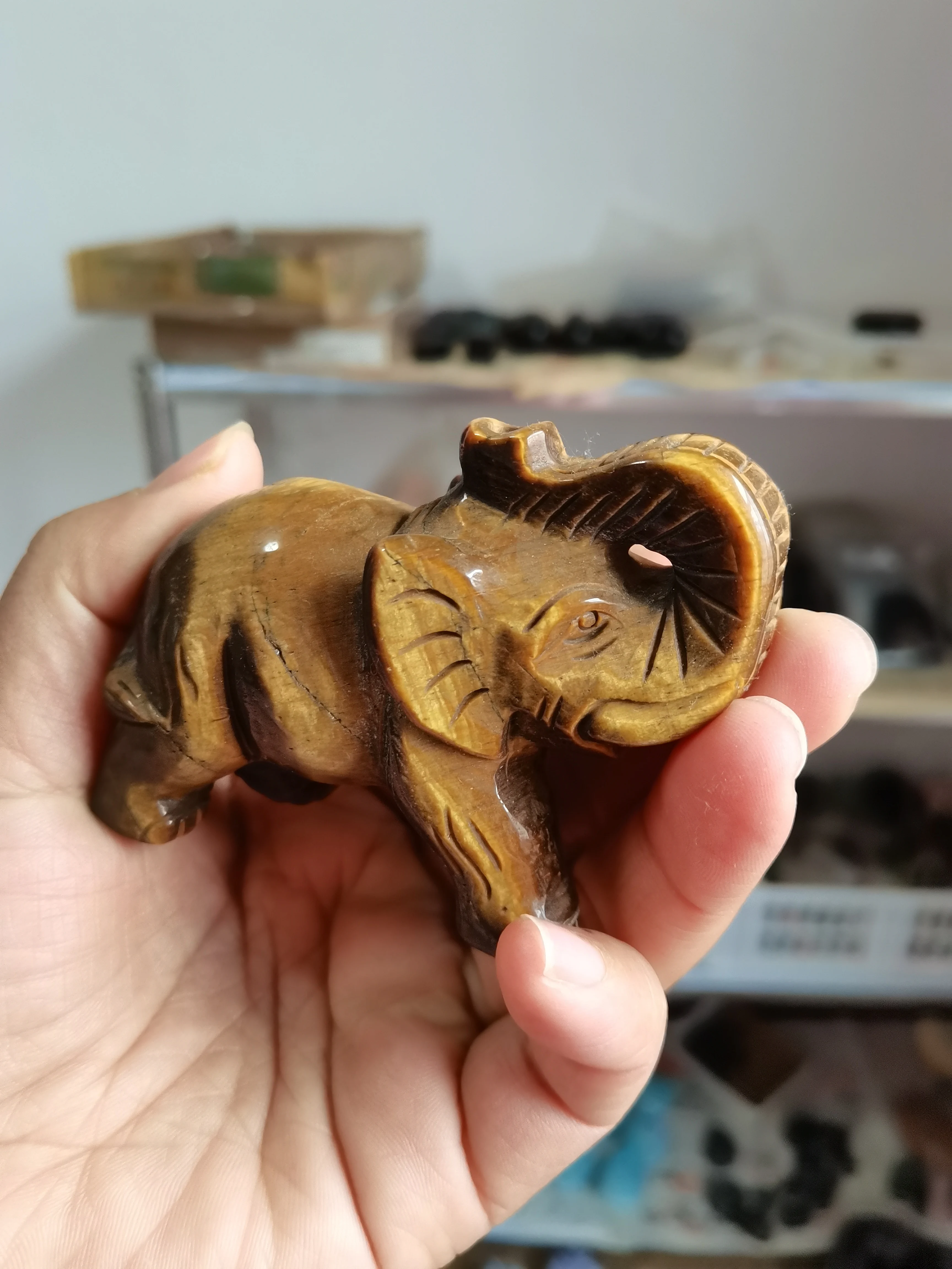 

8cm Natural Yellow Tiger Eye Stone Elephant Carving Animals Statue Healing Reiki Home Decoration Gift
