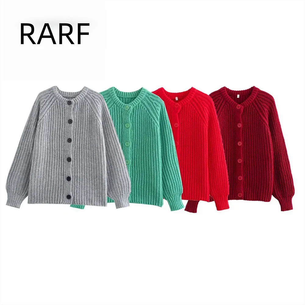 

Autumn new red sweater cardigan round neck loose mid long style lazy style long sleeved knitted jacket top