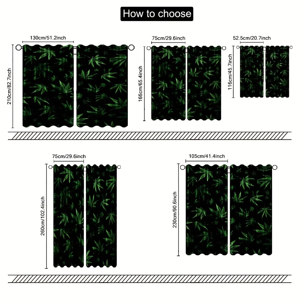 Vivid Mixed Green Leaf Curtain 2 Panels Neon Plant Foliage Black Inn Room Curtain Trendy Botanical Bedroom Home Decor