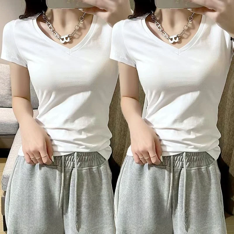 Summer Women's Slim Fit Short Sleeve T-Shirt Versatile Base Layer Shirt Half Sleeve Bottoming Top Trendy Brand Outlet Goods