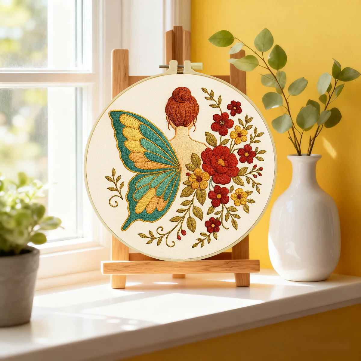 1 Stück 20X20CM/15X15CM 7,87/6,3 Zoll Schmetterling Blume Frauen-Stickerei Starter-Kit DIY-Kit DIY-Stickerei-Set Handarbeiten – Detail 1
