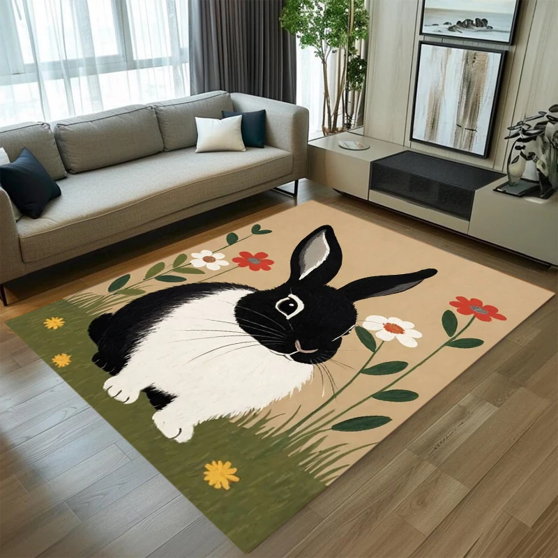 Cute Gray Rabbit Area Rug Vintage Floral Poppy Print Soft  Floor Mat for Living Room Bedroom Kids Room Nursery Cottage Decor