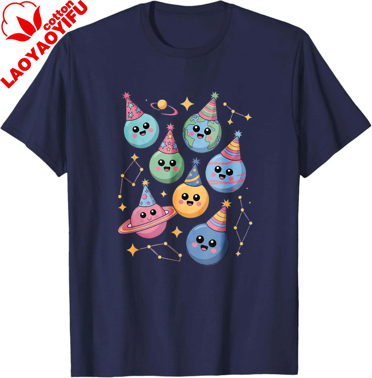 Galaxy Kids Planet Space Constellation T-Shirt Kawayi Y2k Harajuku Men's and Women's 100% Cotton Short-Sleeved Shirt