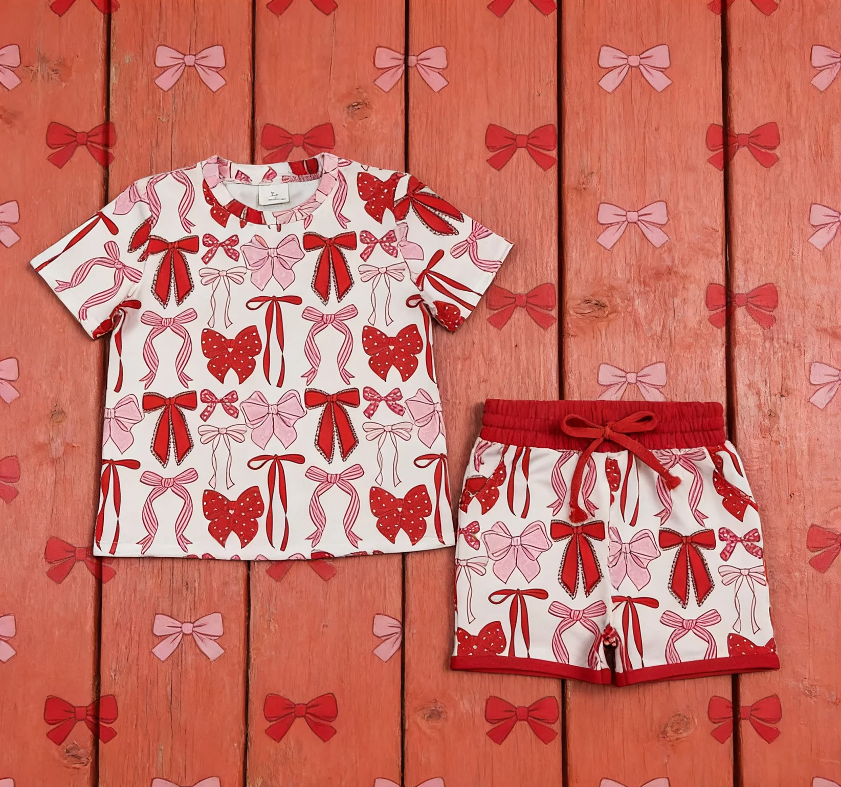 

Z1126-09 GSSO2737 Детская одежда, топ с короткими рукавами и шорты, комплект с бантом и принтом, детская эксклюзивная одежда