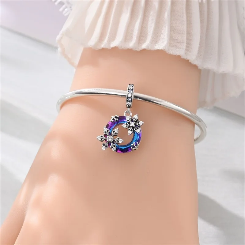 925 Sterling Silver Charm Beads Pendent Keychain Winter Snowflake Heart Snowman Reindeer Enamel Inlaid Gem DIY Bracelet Jewelry