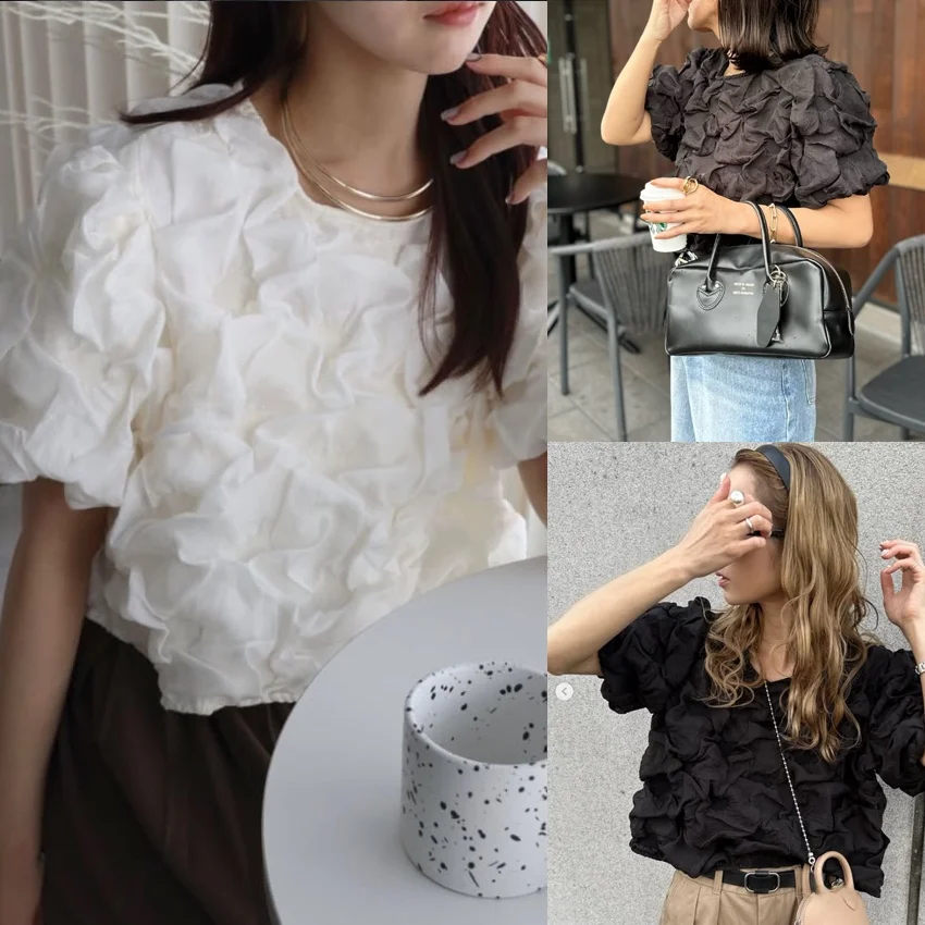 Summer New Style Women's Bubble Sleeve Shirt Craftsmanship Fabric Wrinkle Sensation INS Famous Brand Loose Fit Short Sleeve