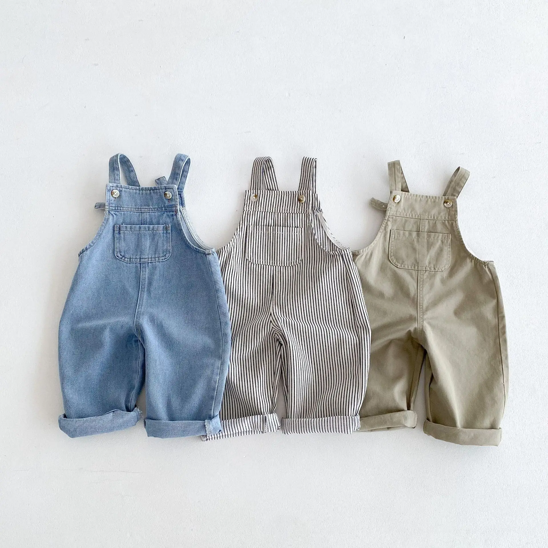 

2025 Autumn New Children Loose Overalls Solid Boys Fashion Denim Jumpsuit Kids Girls Striped Strap Trousers Baby Casual Pants