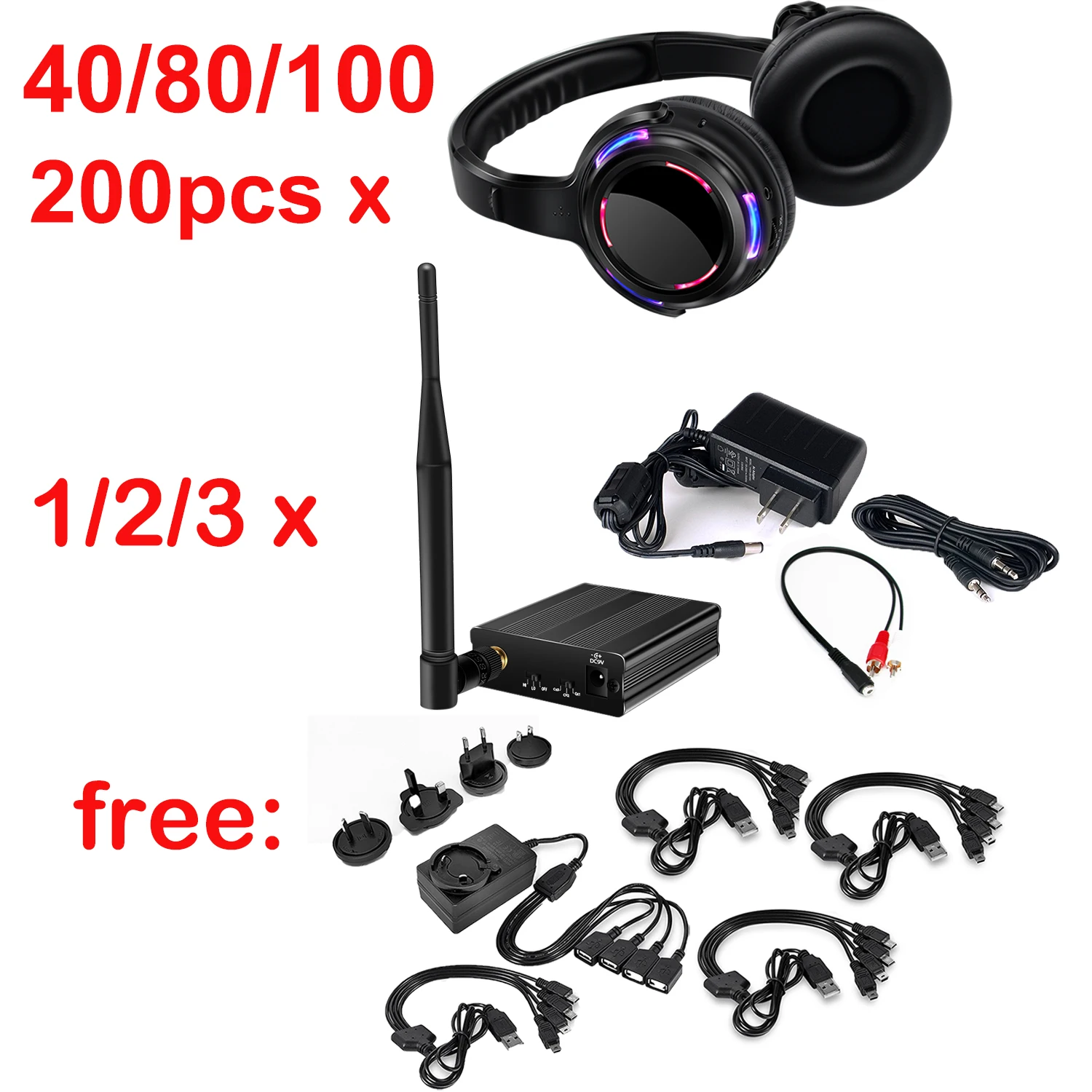 Competitive  Wholesale Silent Disco Headphones  LED Flashing Light Rechargeable Package with  Transmitters and Multi Chargers