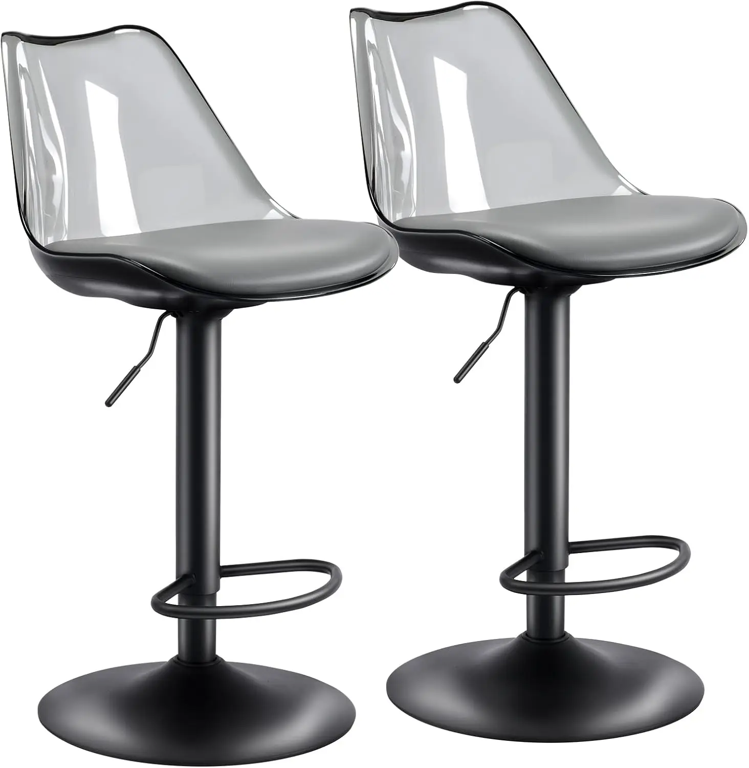 

Clear Bar Stools of 2, Counter Height Adjustable Swivel Acrylic Bar Stools w/ PU Leather Upholstered - Grey/Black