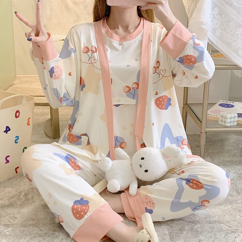 Three Pieces Maternity Sleepwear Short Sleeve Nursing Tops+long Sleeev Cardigans+full Length Pants Postpartum Woman Pajamas Sets