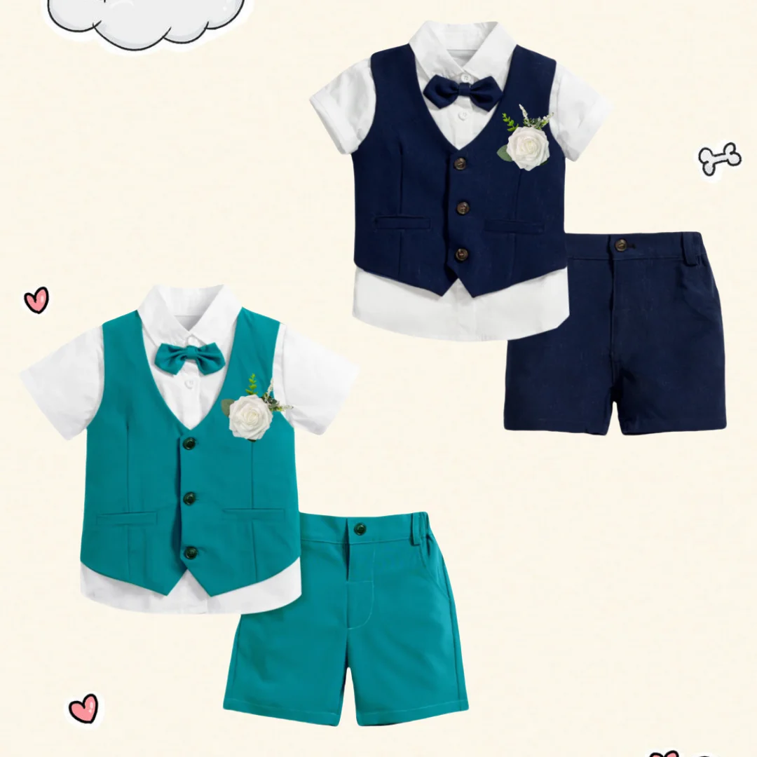 Gentleman Wedding Flower Boys Clothes 1 2 3 4 5 6Y Baby Summer Corsage Vest Formal Cotton Outfit Kids Solid Birthday Costume