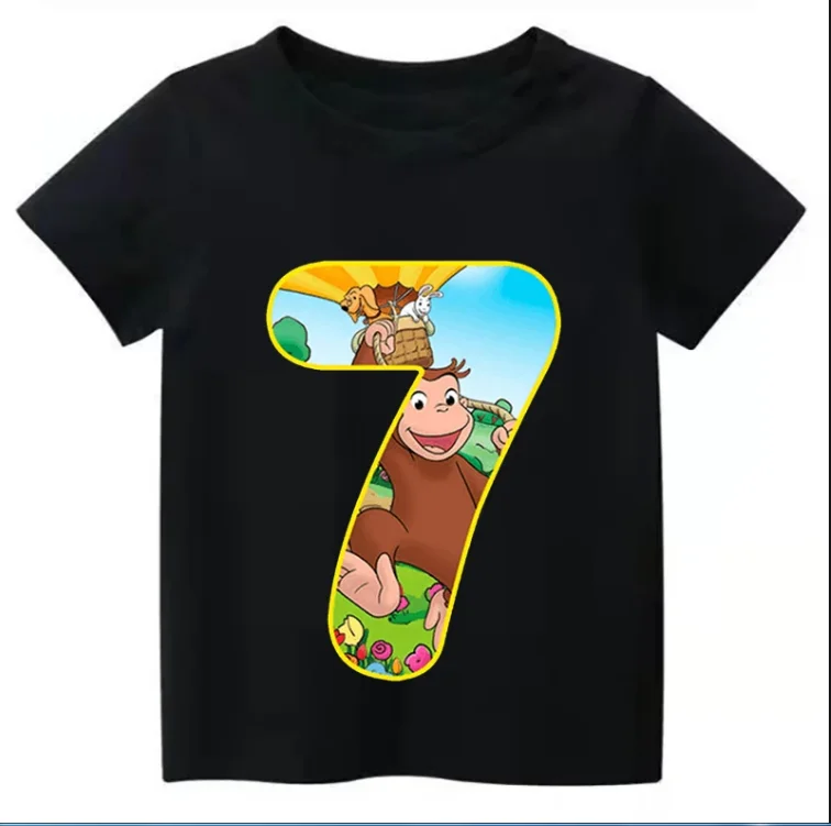 子供のための興味のある猿のプリントTシャツ、子供のための漫画の服、誕生日の数字のトップス、2年間、3年、4年、5年、6年、7年、8年、9年