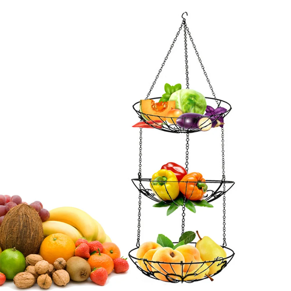 

3-Tier Fruit Basket Iron Hanging Kitchen Storage Rack Detachable Vegetable Organizer Hollow Design Rotating Hook Metal