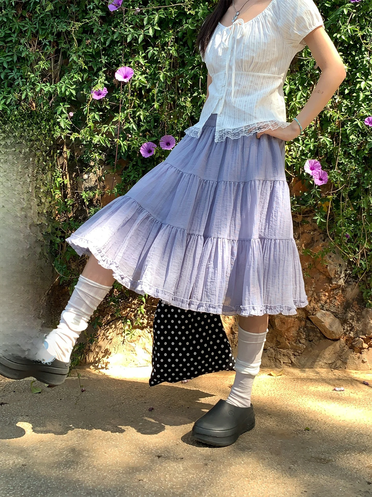 

Hollyii Korean Style Gentle Fairy A-Line Cake Skirt Mid-Length Wooden Ear Slimming Hip Covering Spring Summer New Arrival
