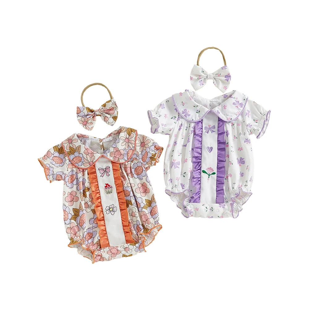 

Read To Ship Newborn Embroidery Baby Girls Rompers Short Sleeve Bow Flower Print Baby Bubble Romper With Headband