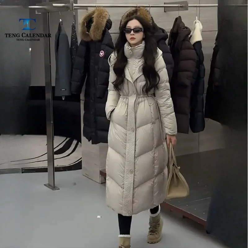 Winter Long Down Jacket, Korean Style Stand Up Collar Waist Cinched Thick Down Jacket, Women's 2026 New Model