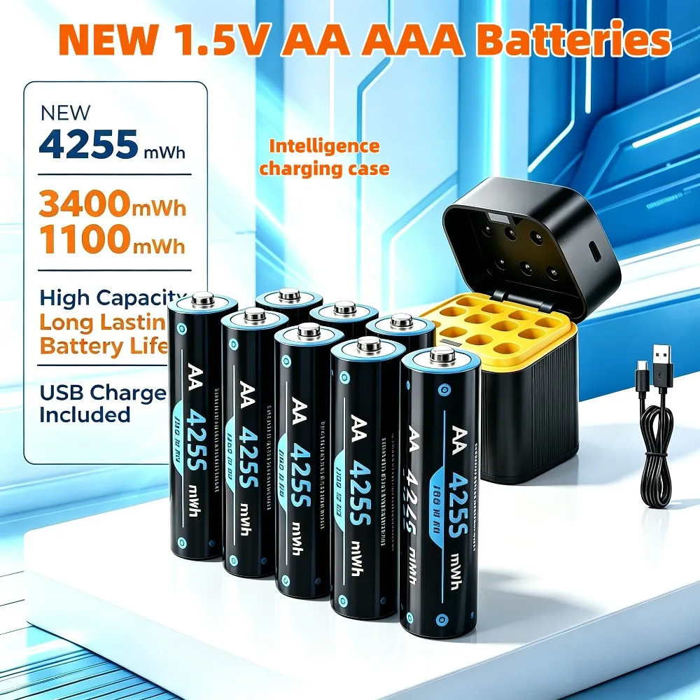 NEW 1.5V AA AAA Batteries Li-ion Rechargeable Bulk 3400/1100/4255mWh High Capacity Long Lasting Battery Charging Battery Charger