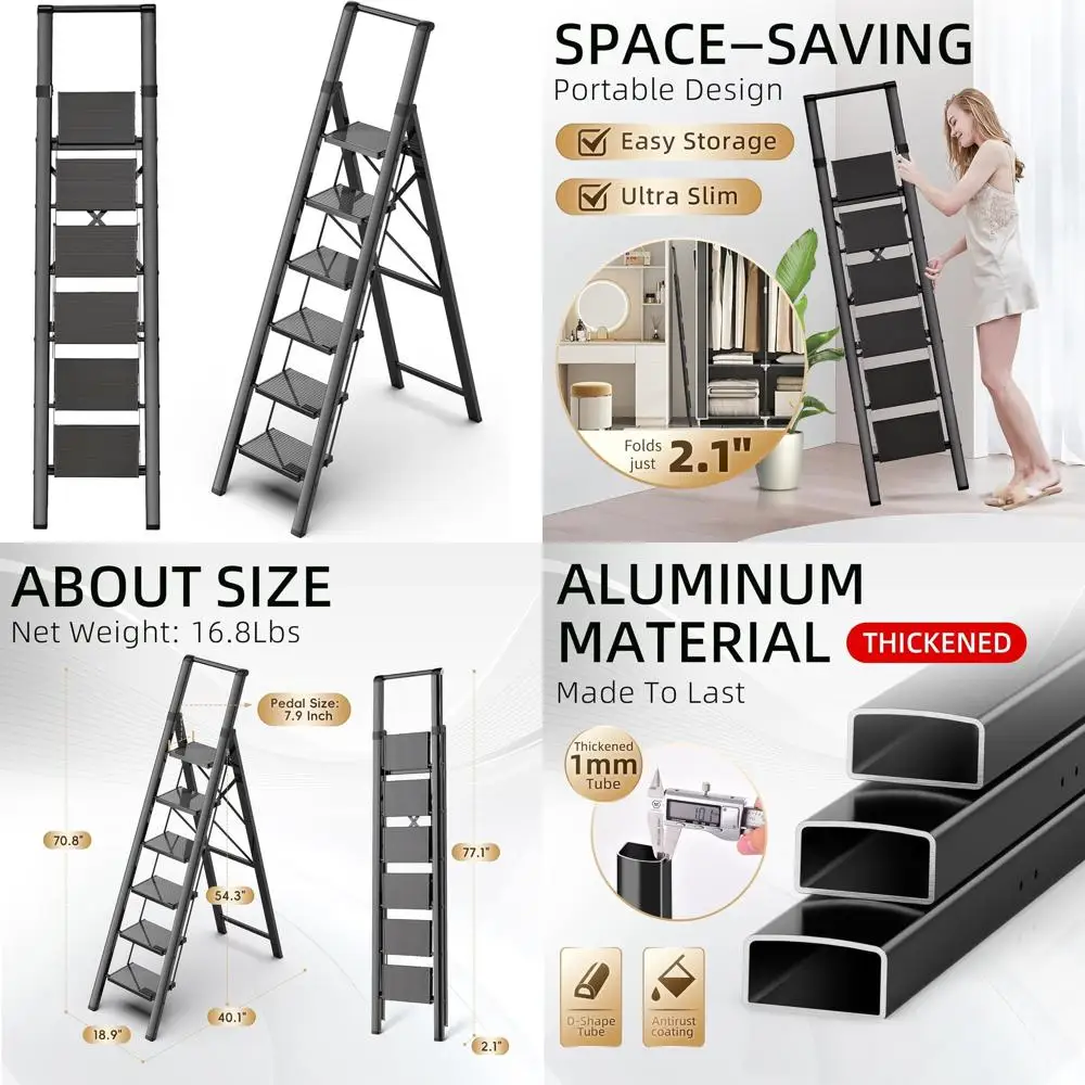 

Step Ladder 6 Step Folding, Aluminum Ladders for High Ceilings, Tall Closet, Cabinet, 6 ft Lightweight Step Ladder with Anti-Sli