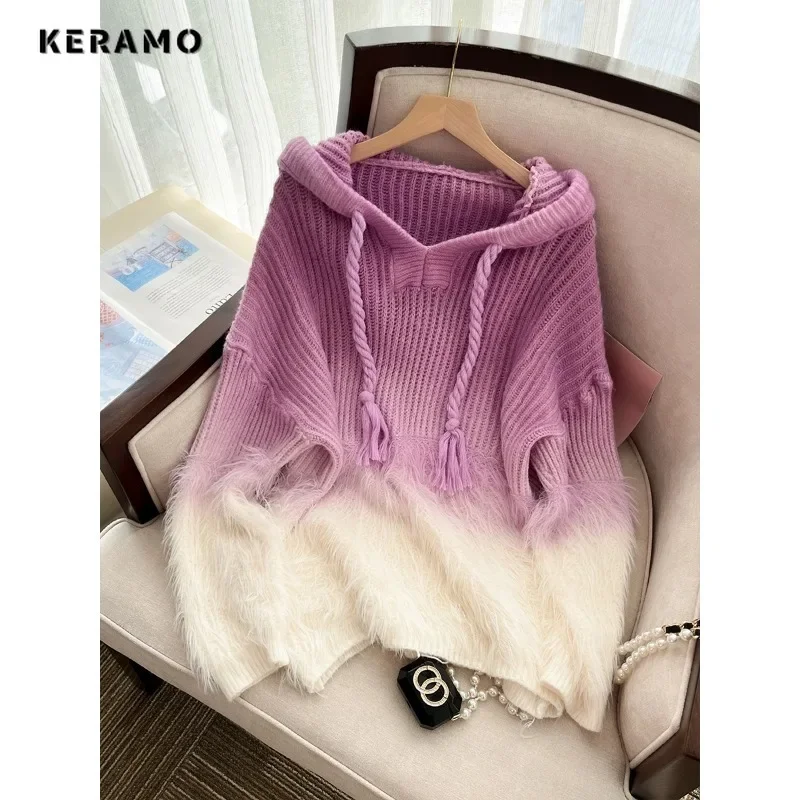 2023 Winter Casual Y2K Tassels Knitting Long Sleeve Gradient Pullovers Korean Fashion Women Chic Drawstring Ladies Warm Sweater