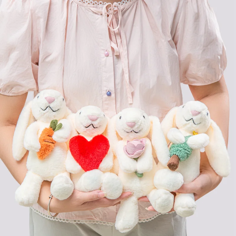 

Кавайный белый кролик, плюшевая игрушка, милый кролик, мягкая кукла, держась цветка, морковь, сердце, мягкий пушистый, приятный кролик, подарок на день рождения для девочки