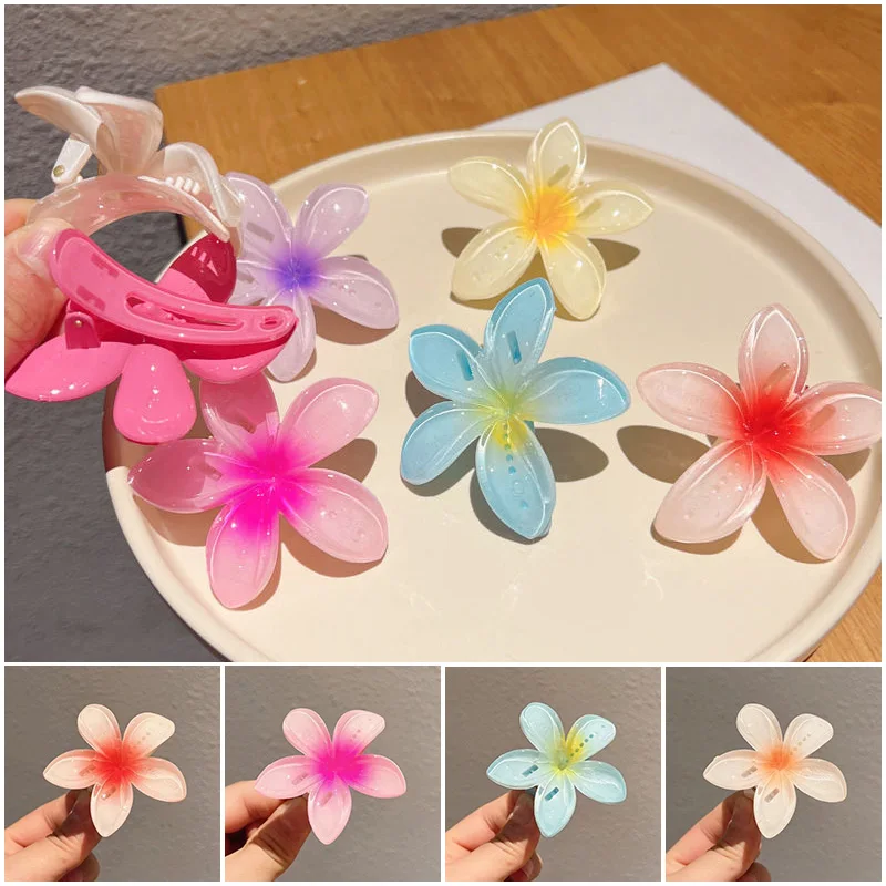 1pc Plumeria Hair Clips Flower Duckbill Hairpins Summer Hawaiian Style Hair Clip Barrettes Trendy Gradient Color Headwear