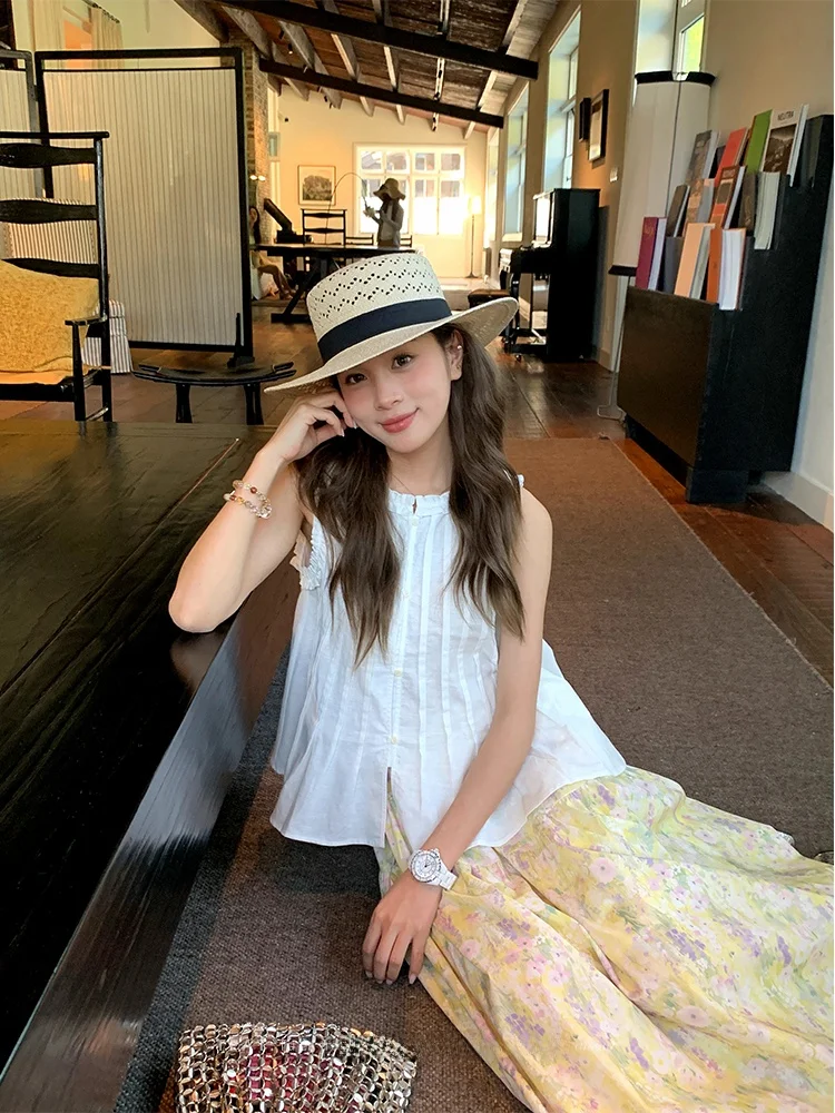 

Summer New Loose Slimming White Folded Women's Top Multi-Svel irt Sli Bunching Detail Comfortable Fit Faionable