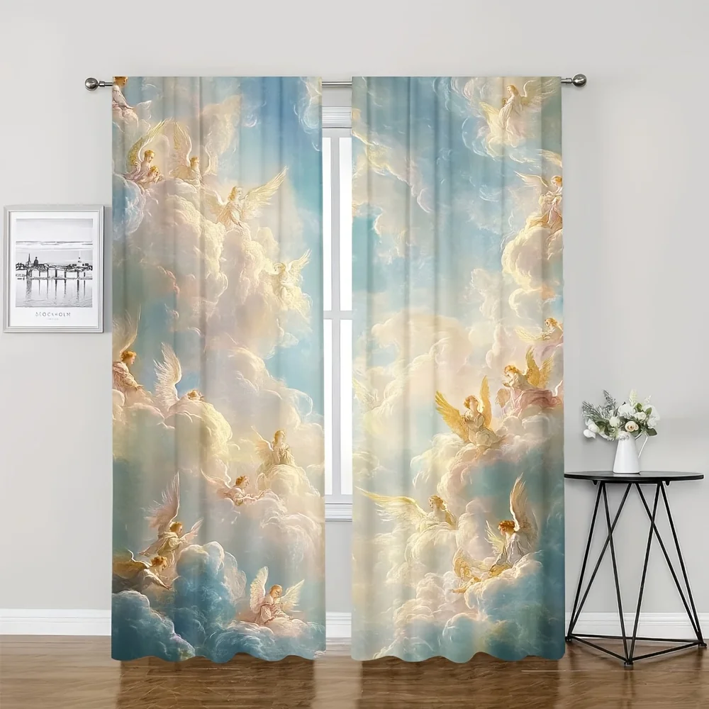 Renaissance Angel and Cloud Pattern Window Curtains Decorative Home Decor for Living Room and Bedroom