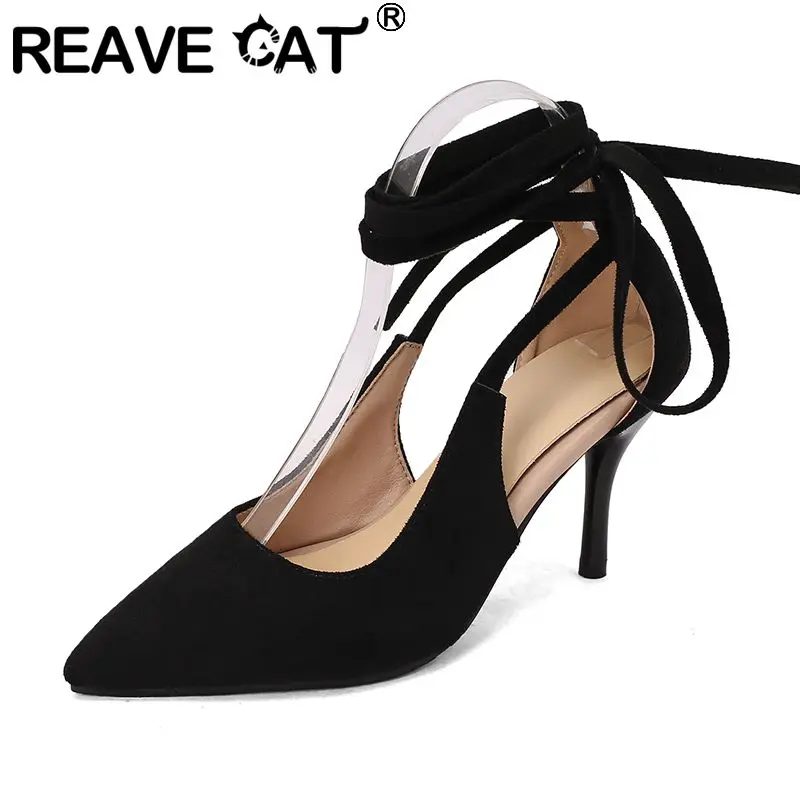 

REAVE CAT Брендовые пикантные женские туфли-лодочки с острым носком на шпильке 8,5 см из флока, замша на шнуровке, большой размер 46 47 48 Женская обувь для вечеринок и свиданий