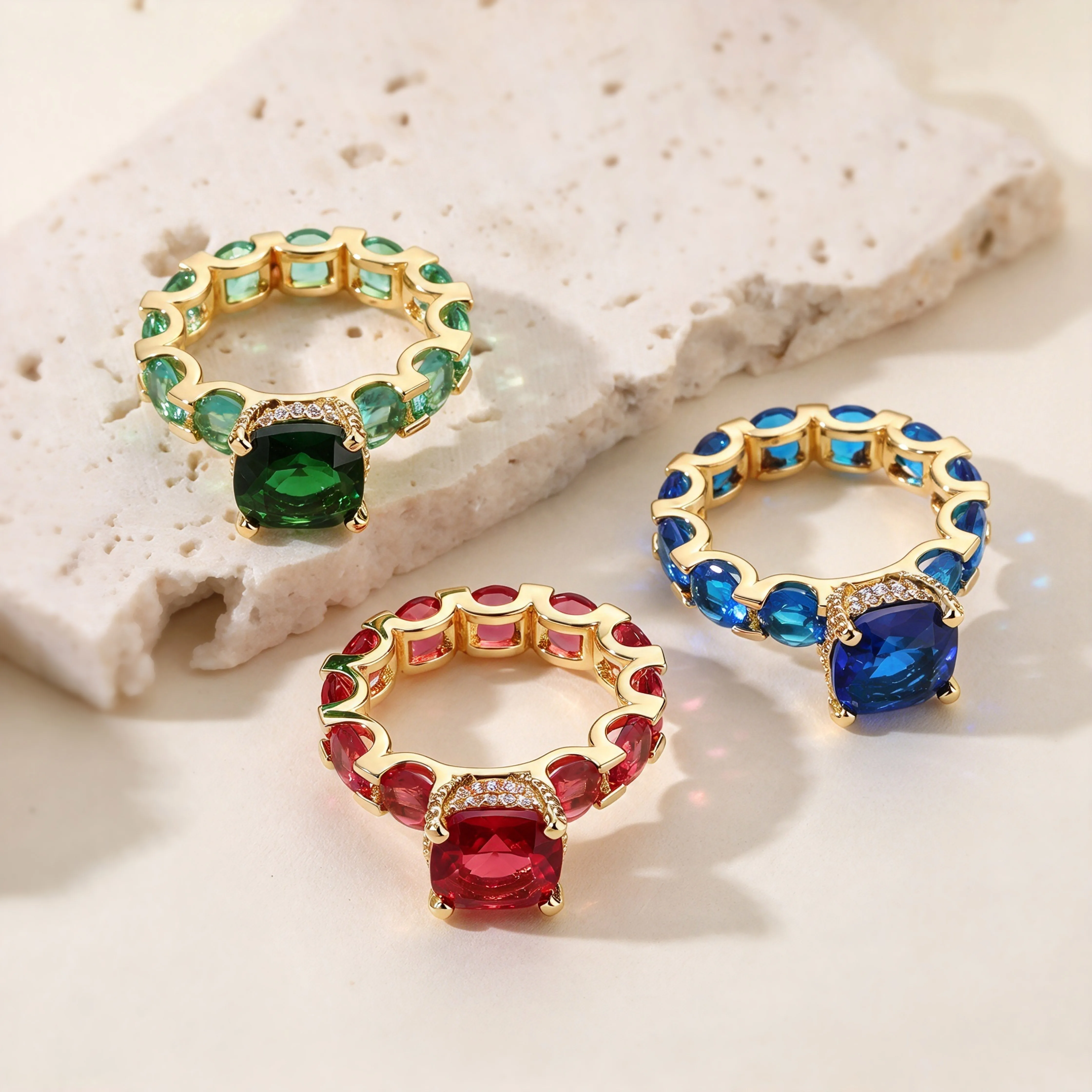 6/7/8/9 Size Luxury Square Cut CZ Wave Hollow Band Ring, Gold Plated Multicolor Baguette Cubic Zirconia Big Stone Statement Ring