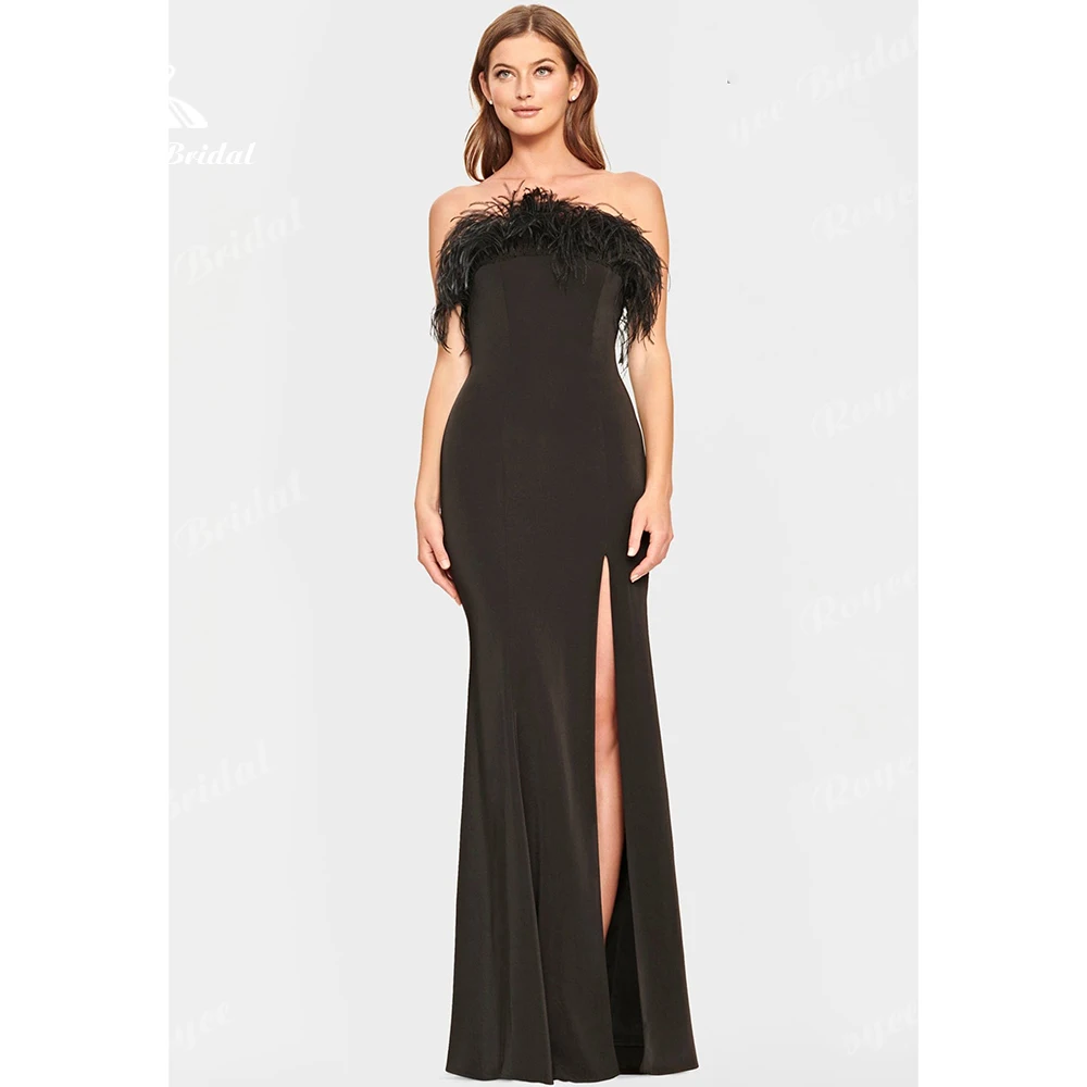 

Black Strapless Feather Long Prom Dress Slit Satin Mermaid Evening Dress Elegant Long Formal Dress vestidos de fiesta Customized