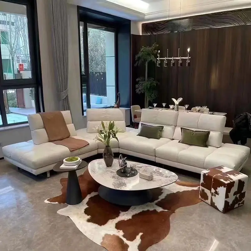 Italian Minimalist All-leather Roman Sofa Villa Living Room Adjustable Backrest Special-shaped Corner Module Combination Sofa