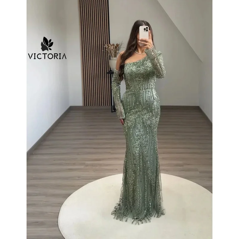 Customized Slant Shoulder Prom Dresses Luxury Party Dress Beads Gem Sequins. Long Sleeves Dresses for Special Occasions