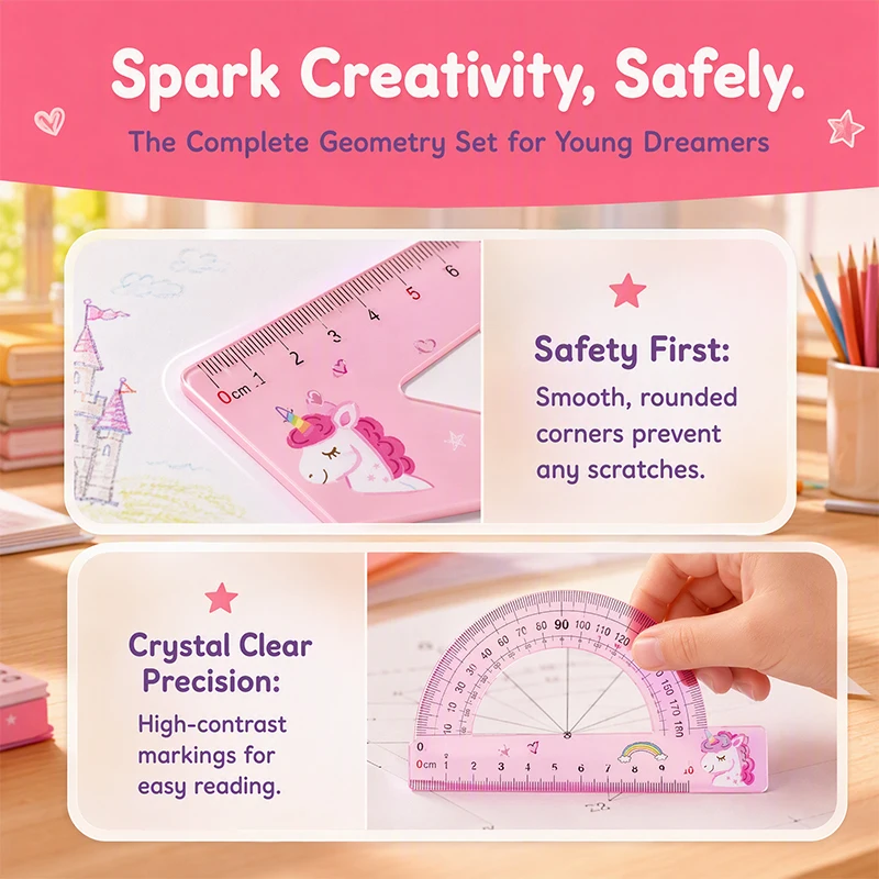 Unicorn Ruler Set 4Pcs 20cm Straight Ruler Triangle Ruler Protractor Math Geometry Drawing Kit for Student School Stationery