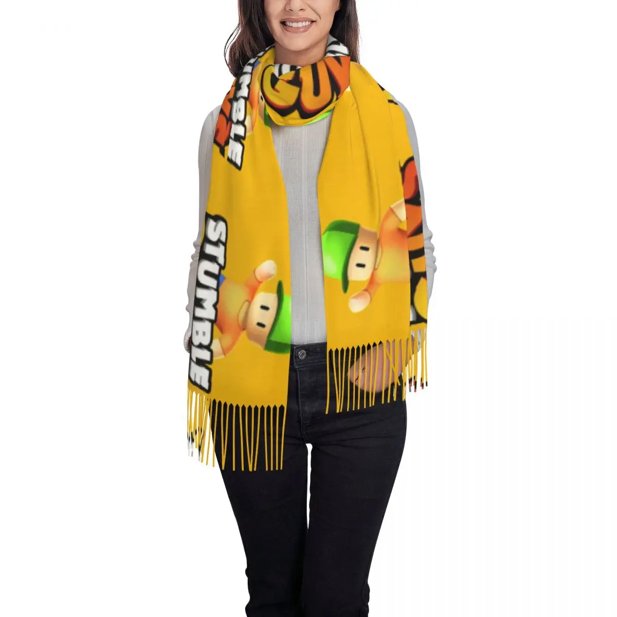 Custom Stumbles Guys Cartoon Scarf Wrap for Women Long Winter Fall Warm Tassel Shawl Unisex Finnish Fight Royale Game Scarves