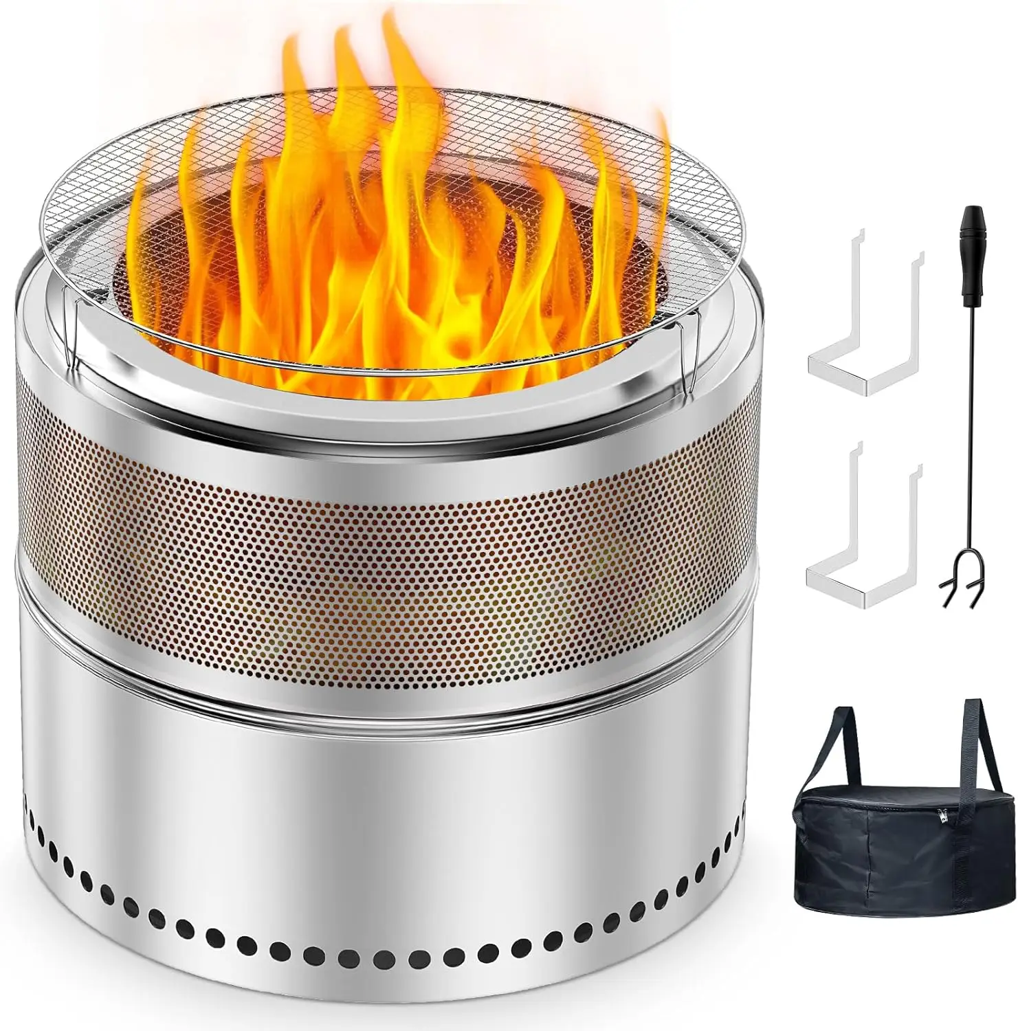 

20 Inch Smokeless Fire Pit, Outdoor Double-Wall Airflow Stainless Steel Firepit with Grill Rack & Ash Pan, 360° Airflow Bonf