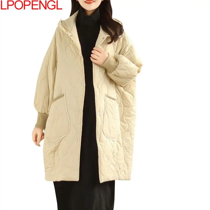 Fashion Women Winter New Mid-length Single Breasted Down Cotton Jacket Korean Loose Hooded Warm Rhombic Wide-waisted Coat