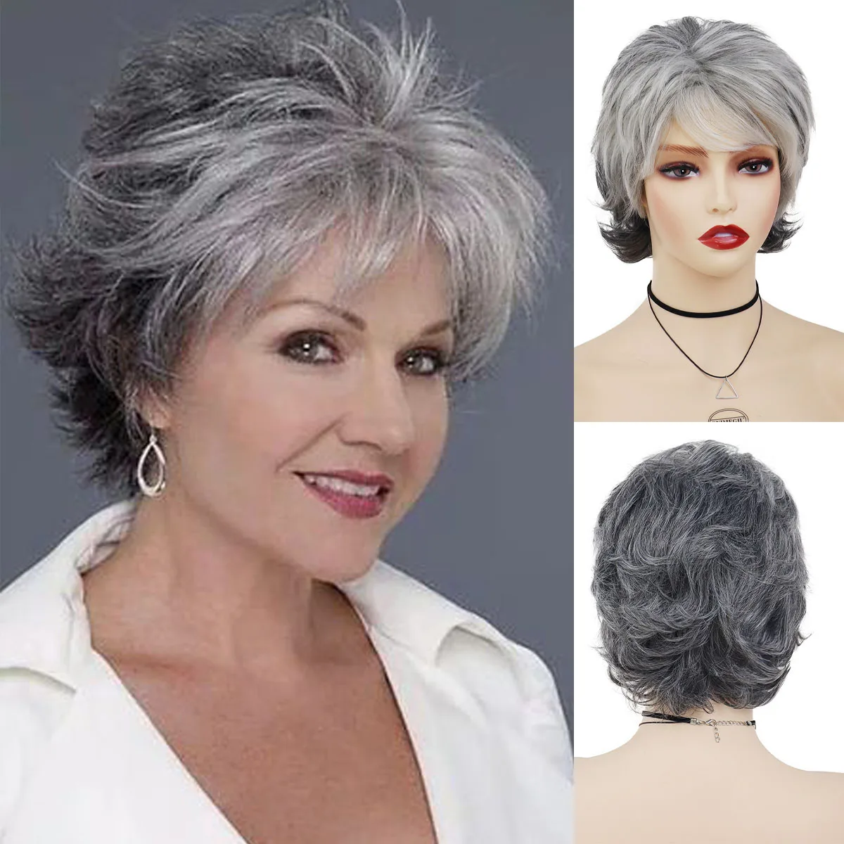 

Natural Wave Wigs for Women Old Lady Ombre Grey Short Curly Pixie Wig with Bangs Daily Cosplay Grandma Gift Wig Heat Resistant
