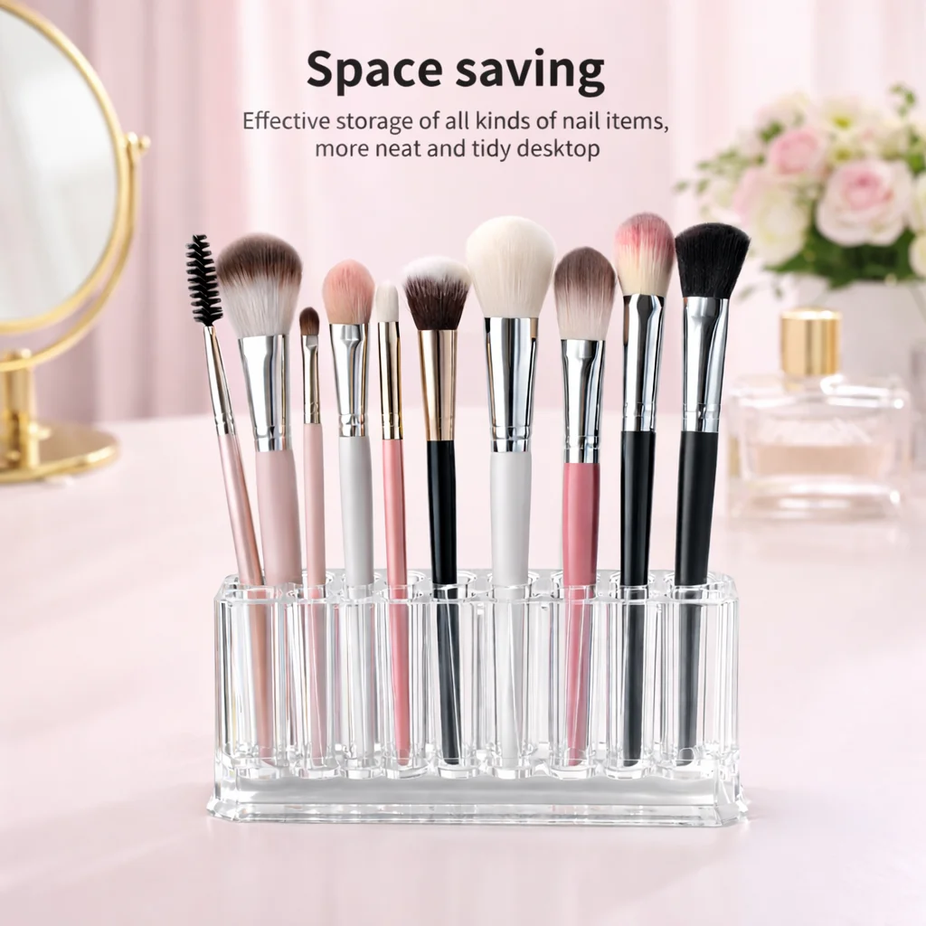 Clear Acrylic Makeup Brush Holder Organizer Cosmetic Storage Rack Desktop Beauty Tool Stand Space Saving Nail Brush Display Case