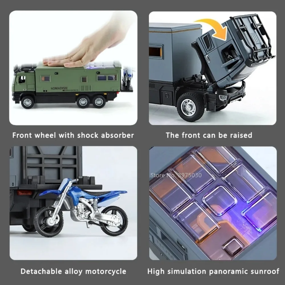 Nomadison-Alloy Diecast Rv Car Model Toy, Simulação Veículo Off-Road, Som e Luz, Puxar Coleção, Decoração, Presentes Meninos, 1:24