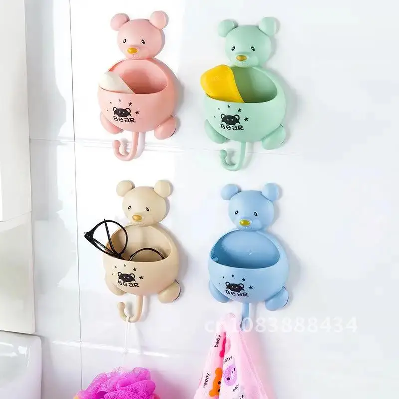 

Creative Cute Bear Pattern Wall-hanging Soap Rack with Hook Punch-free Optimized Suction Cup Soap Box Bathroom Accessories