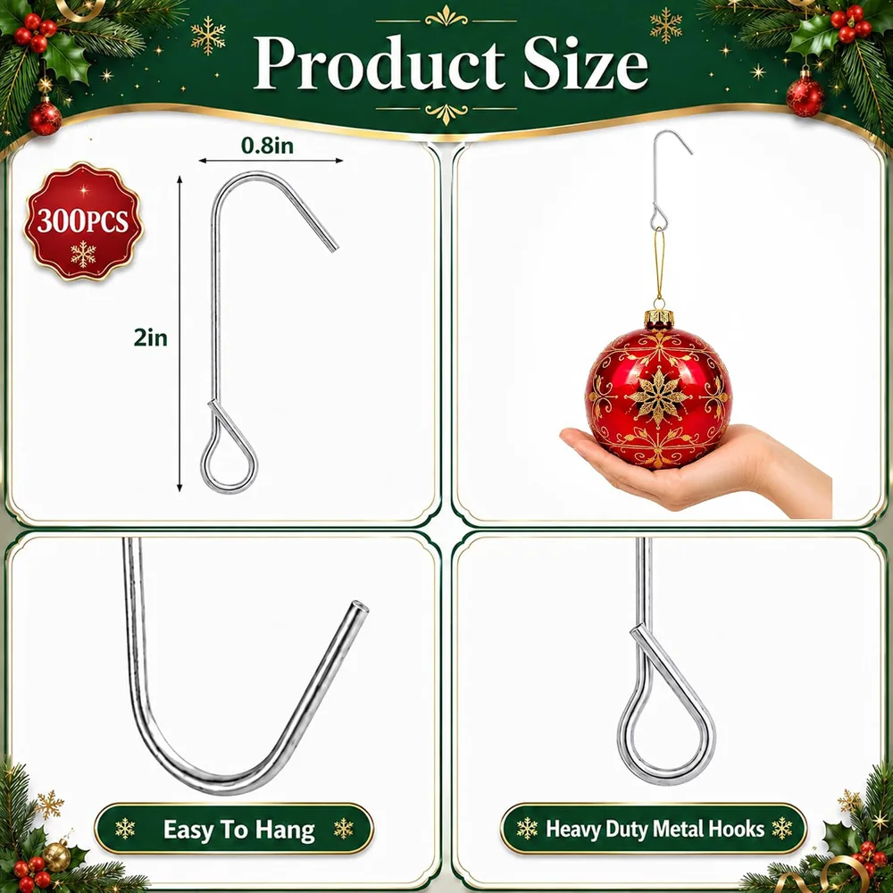 300/200/100 Pcs Heavy Duty Christmas Ornaments J Hooks, Metal Xmas Ornament Hangers