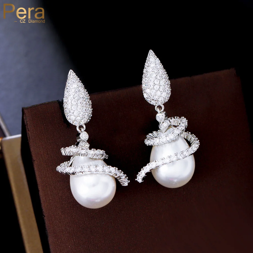 Pera Exquiste Micro Pave Cubic Zirconia Silver Color Women Long Dangling Pearl Drop Dubai Bridal Earrings Fashion Jewelry E080