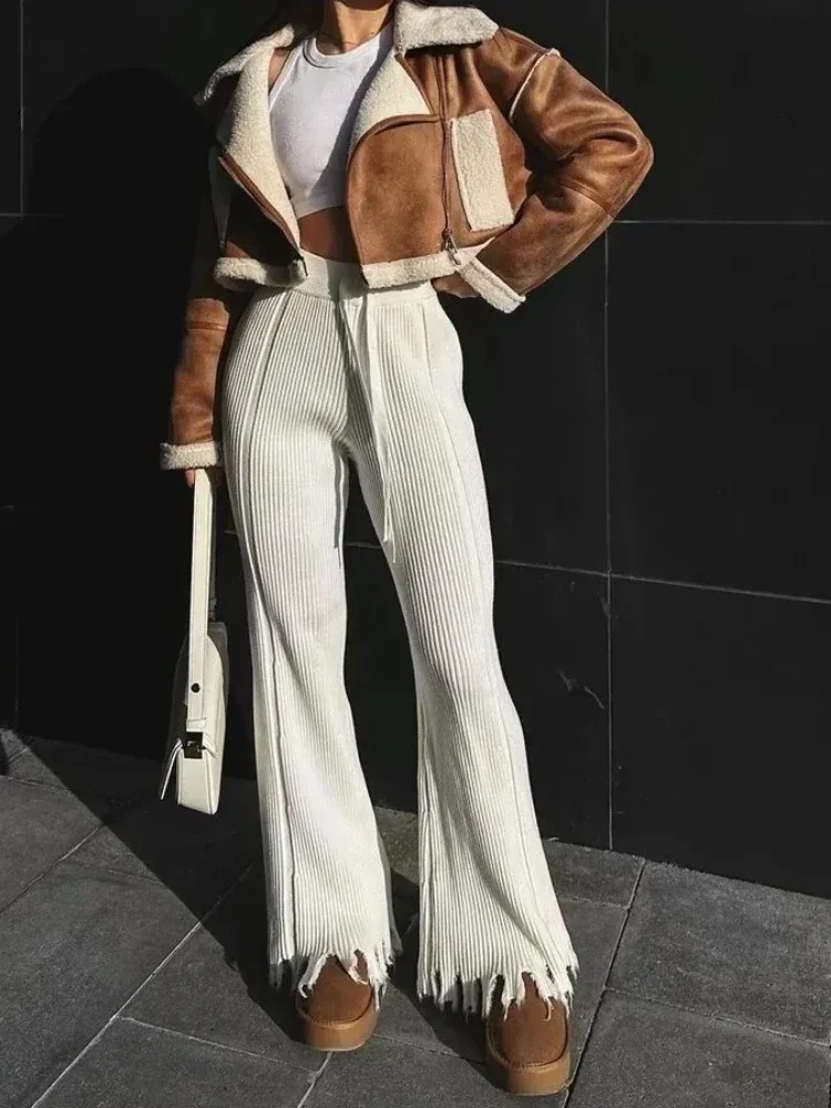 White Knitted Pants Autumn and Winter Elastic Waist Drawstring Tassel Flared Pants Fashion Soft Comfortable Warm Pants Women