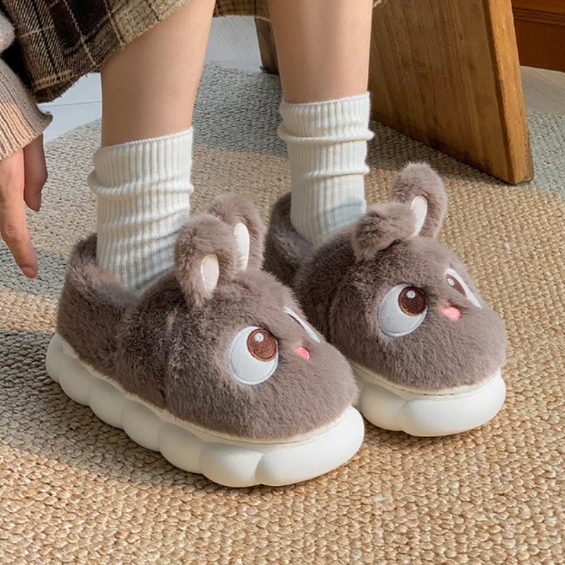 Cute Cartoon Rabbit Cotton Slippers For Women Winter House Shoes Warm Plush Thick Sole Anti-slip Female Home Floor Fluffy Slides view 5