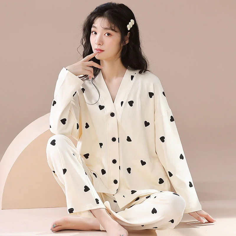 

New Spring and Autumn Fashion Milk Silk Pajamas for Women, V-Neck Long Sleeve Top and Long Pants, Lightweight Casual Homewear Se