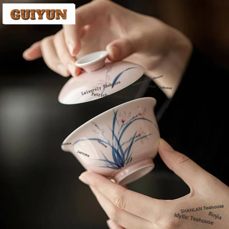 HOYIHM 140ml Hand-painted Orchid Gaiwan Japanese Pale Smoky Red White Porcelain Tea Tureen Tea Making Cover Bowl Chinese Tea Set