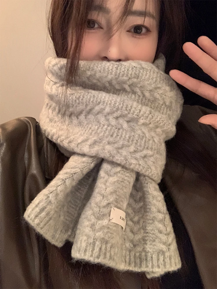 Thickened Woolen Knitted Scarf Women's Winter Fashion Korean Style Warm Neck Warmer Unisex Long Rectangle  Color Scarf
