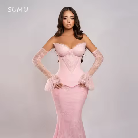 Customized Evening Gowns Luxury Lace Mermaid Pink Prom Dresses With Detachable Long Sleeves Party Dress Customized