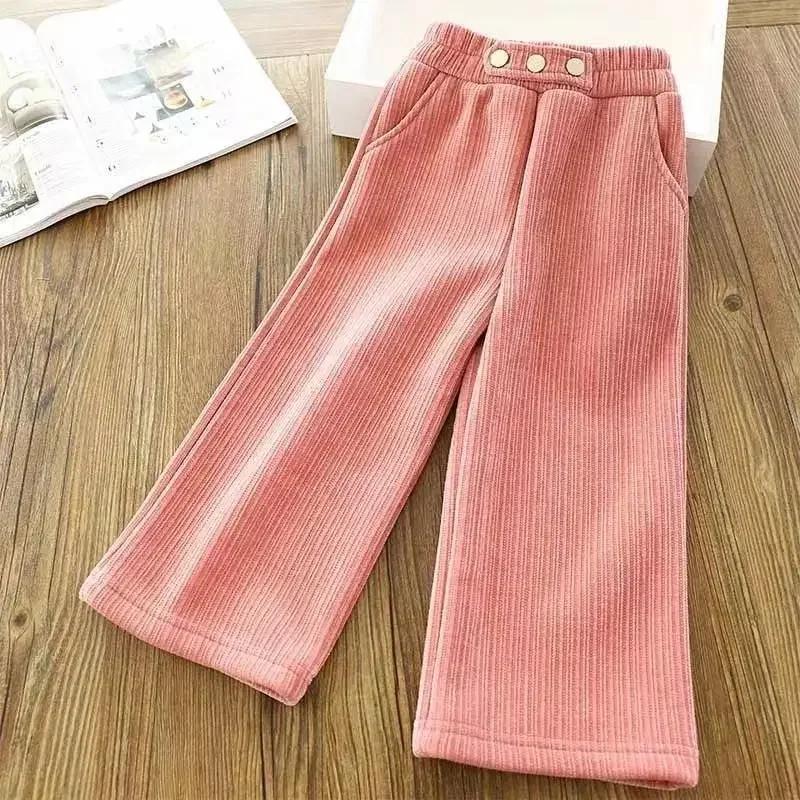 Girls' Pants New Autumn and Winter Plush Thickened Foreign Style Wide Leg Pants Children's Korean Casual Pants