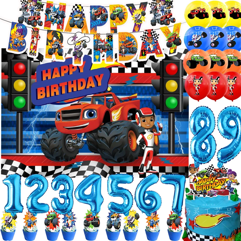 

Blaze Monster Machines Car Birthday Party Supplies Cartoon Balloons Backgrounds Cupcake Toppers Banner Decr for Boys Kids Gifts